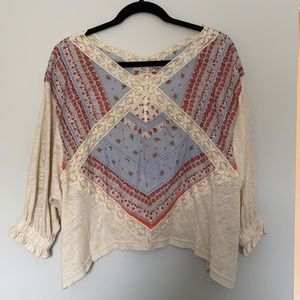 Free People Prairie Days Printed Lace-Trim Shirt